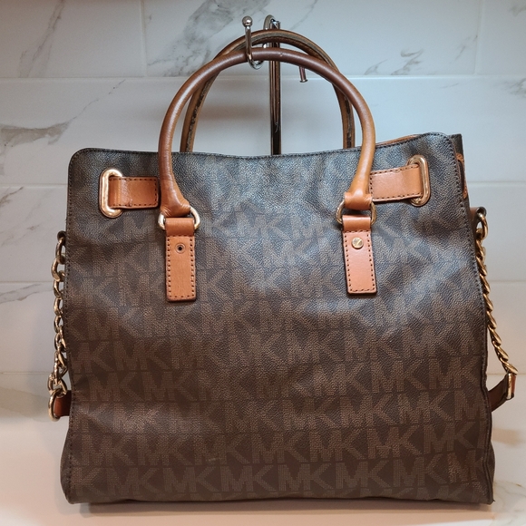 Michael Kors Hamilton Signature Monogram Jet Set Chain Shoulder Bag Brown REHAB - Picture 6 of 12